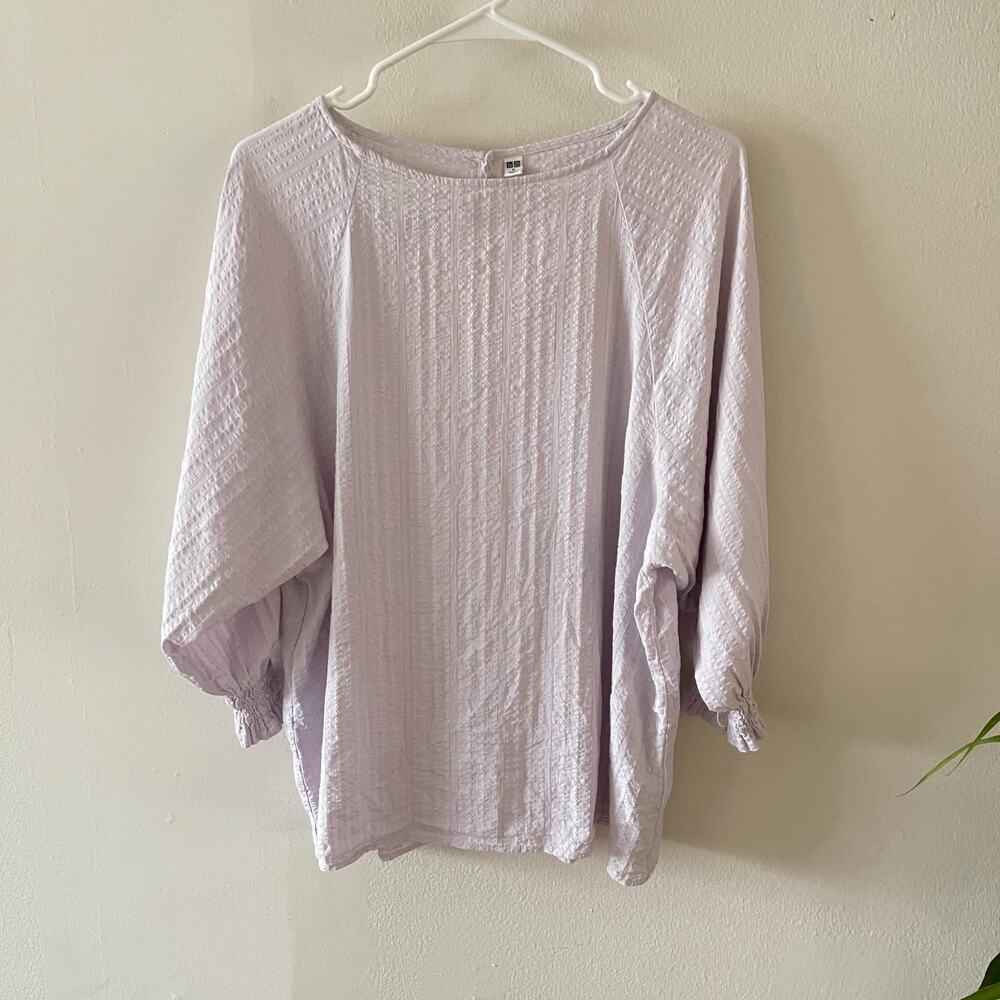 Uniqlo Womens M Boat Neck Top Light Purple Long Sleeve Elastic Cuffs Cotton